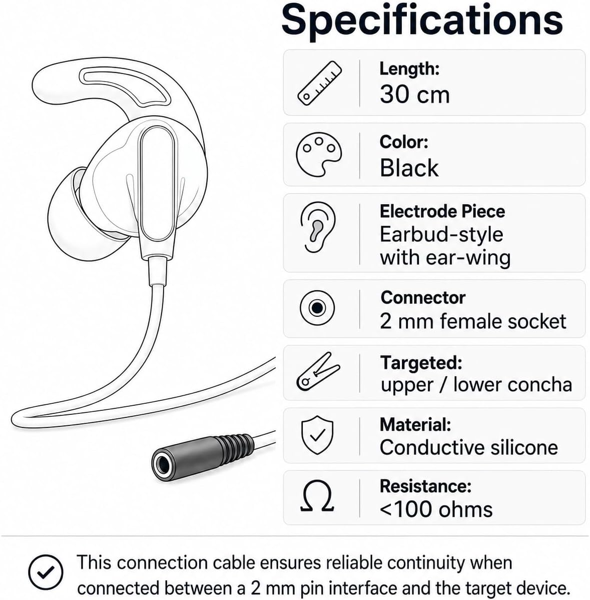 Earbud Electrode Cable and Soft Double-Sided Ear Clip Kit, Series 7000, Compatible with 2.0mm Pin Units
