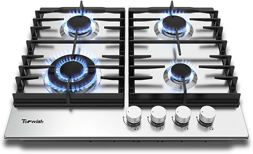 TOPWISH 24 Inch Gas Cooktop, 4 Burners 27,400 BTU Built-in Gas Stove Topts | NG/LPG Convertible Stainless Steel Drop-in Propane Cooktop with Thermocouple Protection for Kitchen RV Apartments
