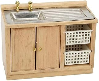 EatingBiting 1:12 Dollhouse Miniature Furniture Bathroom Kitchen Sink with Cabinet Basin Set Dolls House Light Oak Sink Unit w Towel Rail Miniature Wooden Kitchen Furniture