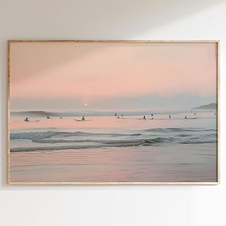 Beach Sunset Painting Vintage Ocean Picture Surfing Canvas Wall Art Pink Coastal Prints Abstract Sunset Painting Vintage Beach Artwork Ocean Waves Wall Art Coastal Surf Poster for Walls 16x24in No Frame