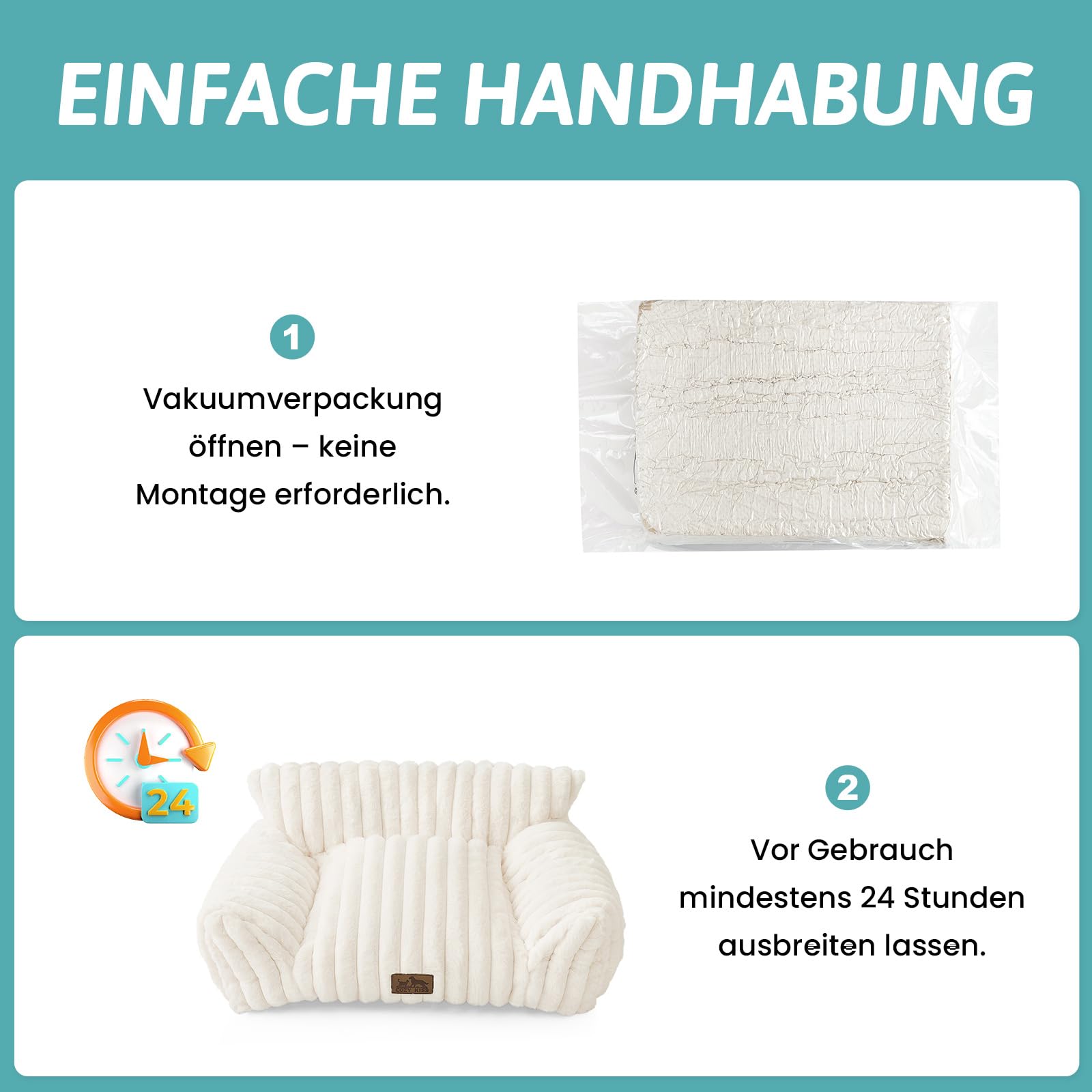 COZY KISS Orthopädisches Großes Katzenbett - 65x44x30cm Cord-Kunstfell Hundebett-Sofa für Kleine Hunde, Waschbar Große Katzen Katzensofa, Kuscheliges Katzencouch mit Kopf- und Nackenstütze, Creme