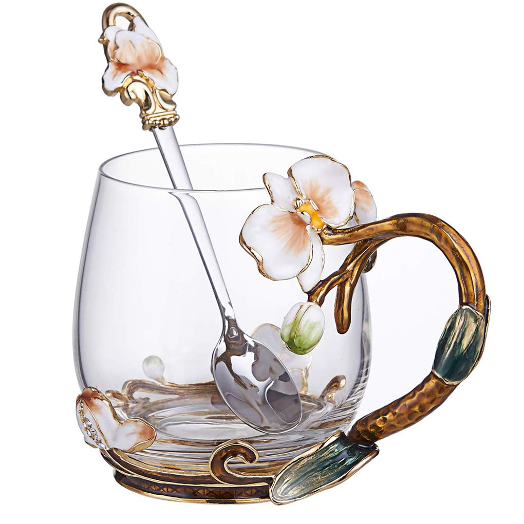 Tea Cups Coffee Mug for Women with Spoon, Handmade Design Flower Sturdy Cup Mugs Birthday Christmas Decoration Gifts for Mom Grandma Aunt Wife Seniors(Orchid)