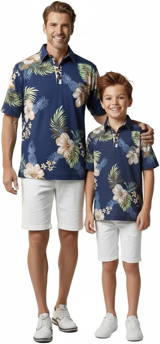 Hawaii Hangover Father Son Matching Hawaiian Outfits – Pineapple Garden Navy Tropical Polo Shirt & Boys Shirt