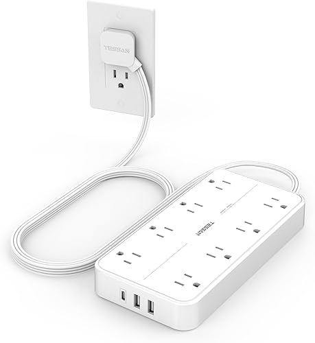 Miniatura 10 de TESSAN - Tira de alimentación con protector contra sobretensiones, cable de extensión con enchufe plano con 8 salidas 3 cargadores USB (1 USB C),