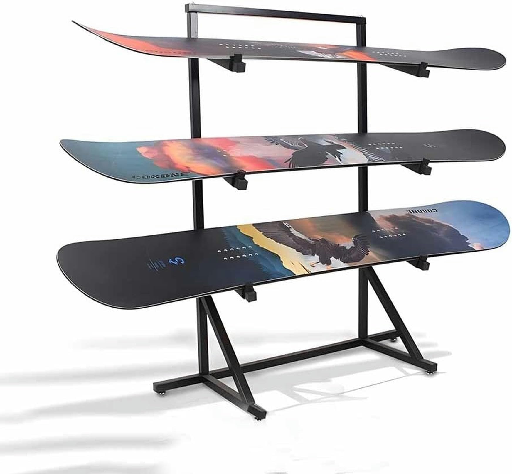 Porta Snowboard, Porta Snowboard, Porta Snowboard in Metallo a 3 Ripiani, espositore per Piastrelle, in Piedi per Sci/Skateboard/Monopattino, per espositore da Pavimento per Negozio (Nero 95