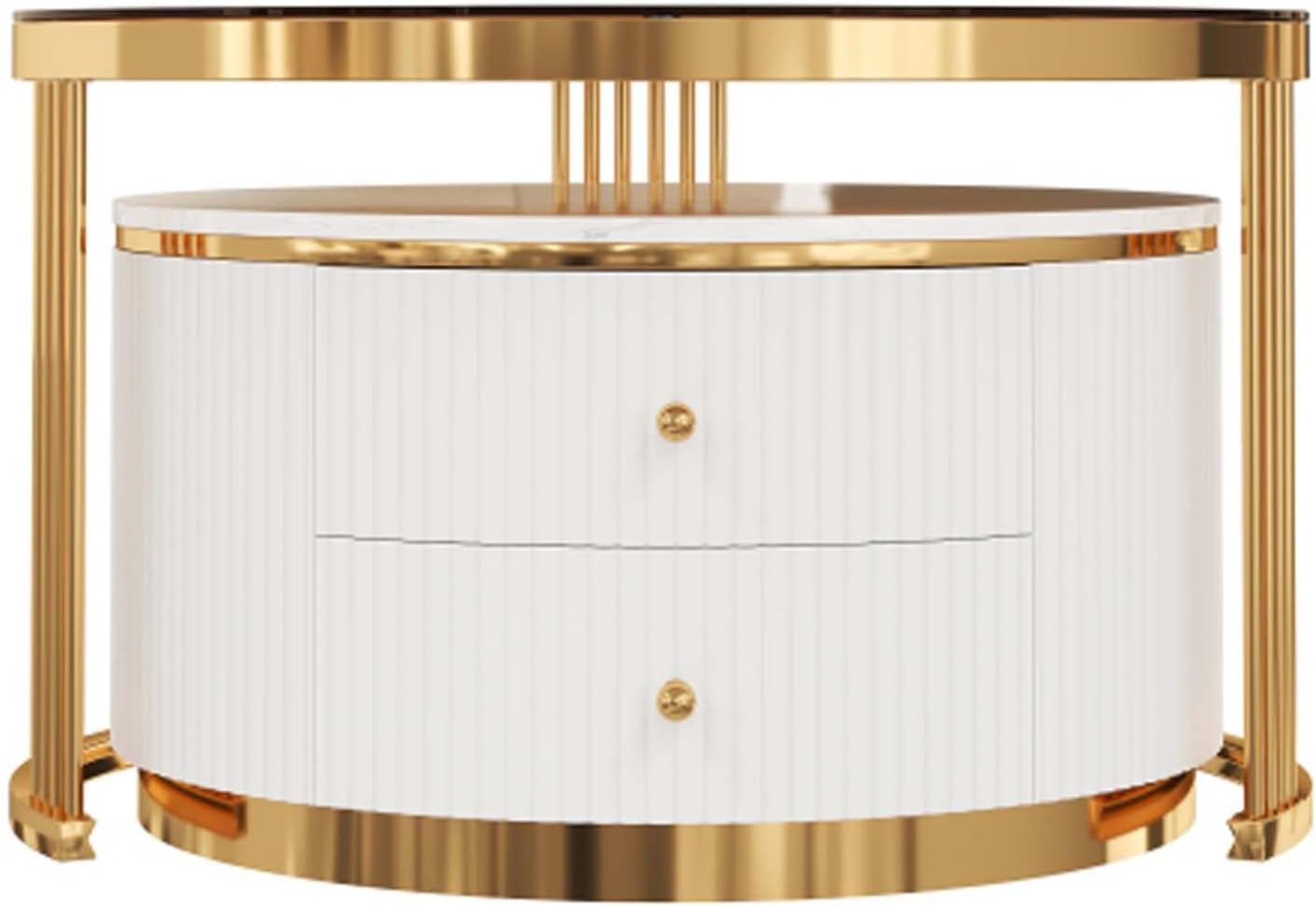 Luxury Nesting Coffee Table Set, Round Marble Coffee Table with Storage, Living Room(Gold+White)