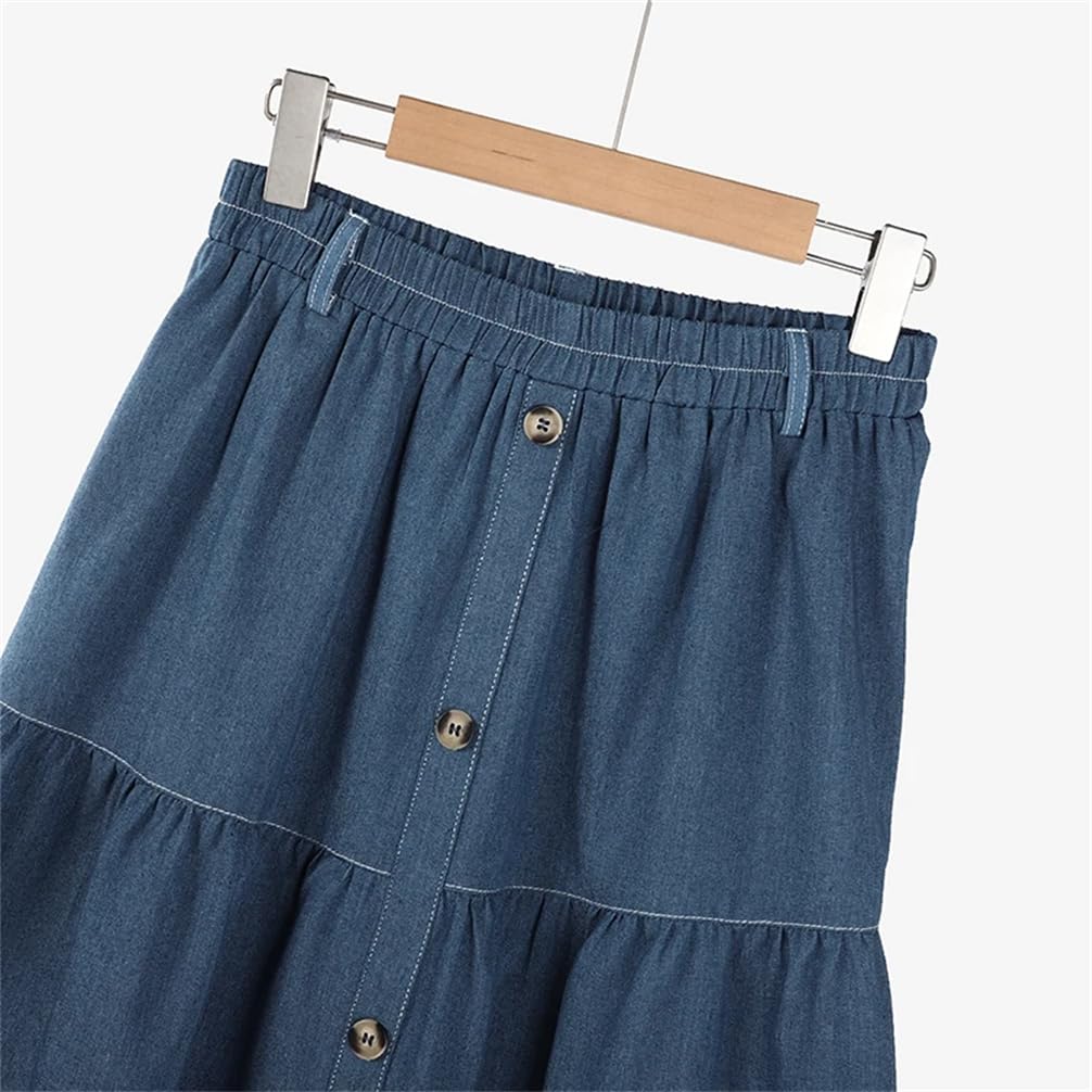 Jupe en denim bleu uni avec taille élastique pour femme - Jupe trapèze décontractée et ample pour le travail
