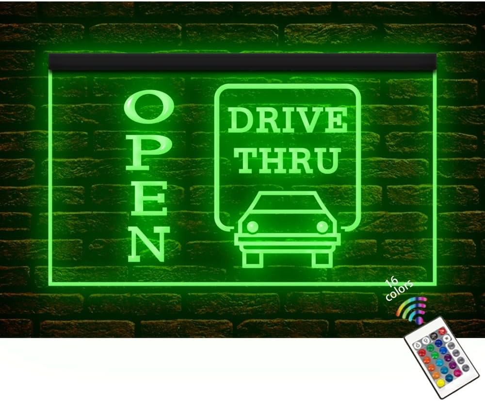 190014 Open Drive Thru Service Shop Store Display LED Light Neon Signs (16" X 12", 16 Colors By Remote)