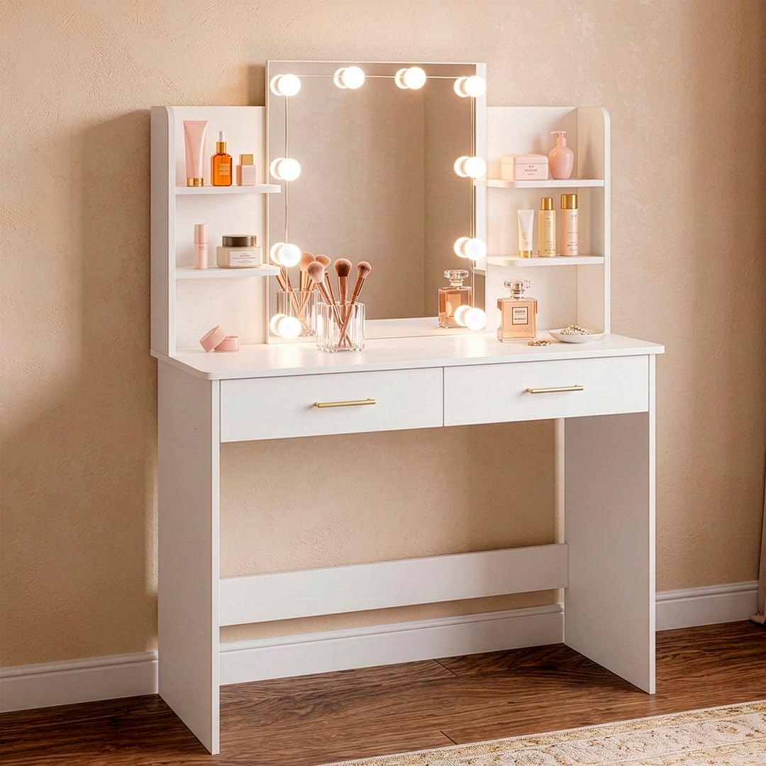 Marctani Tocador de Maquillaje con Luz LED Regulable, Espejo 10 Luces, Escritorio Compacto con Cajones