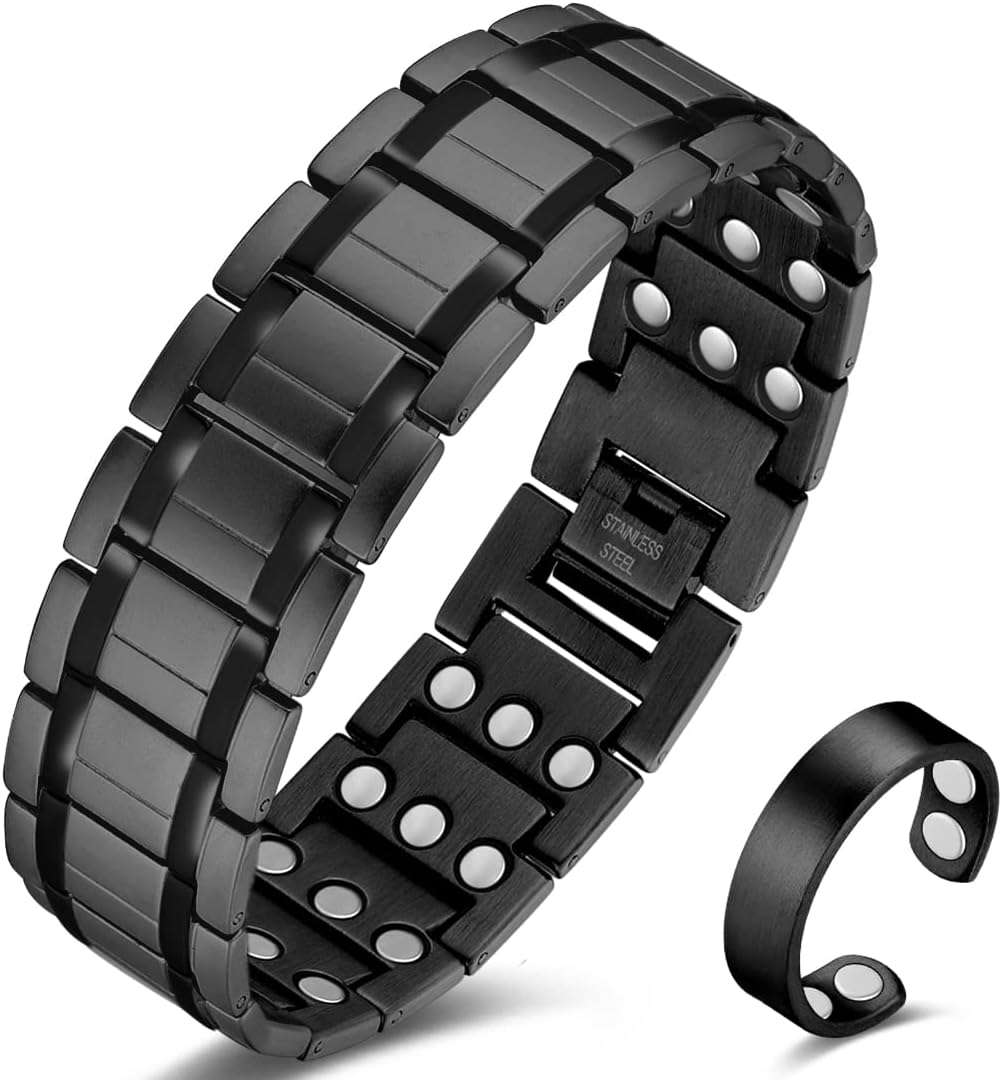 – Magnetic Bracelet Men Ultra Strength Magnet Titanium Steel Three Row with Adjustable Tool & Present Box