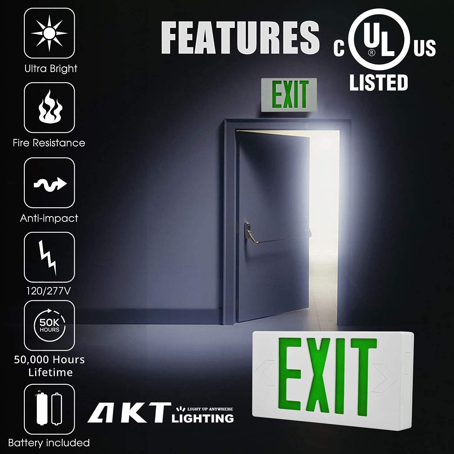 AKT LIGHTING Emergency Exit Sign, Double Face Commercial LED Emergency Exit Lighting with Back-Up Battery Exit Light Combo for Hallways UL Certificated(Green, 6 Pack) - - 