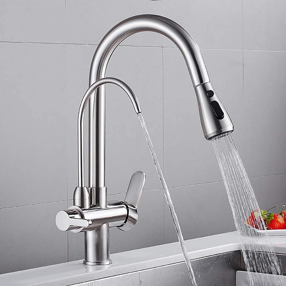 Rubinetto da Cucina Moderno con doccetta Estraibile, Rubinetto per lavello da Cucina con Doppia Maniglia e Arco Alto, Rubinetto per Filtro dell'Acqua e purificatore Spazzolato