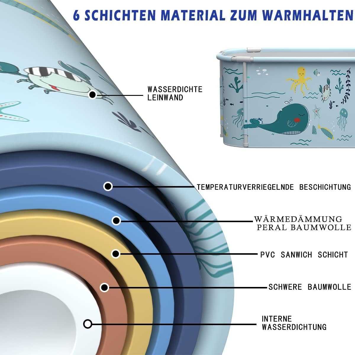 53" Extra Large Portable Foldable Bathtub with Metal Frame for Adult, Family SPA Soaking Tub with Cover for Small Bathroom, Thicken Multiple Layer Bathtub with Lid (Ocean with Metal Frame DB0)