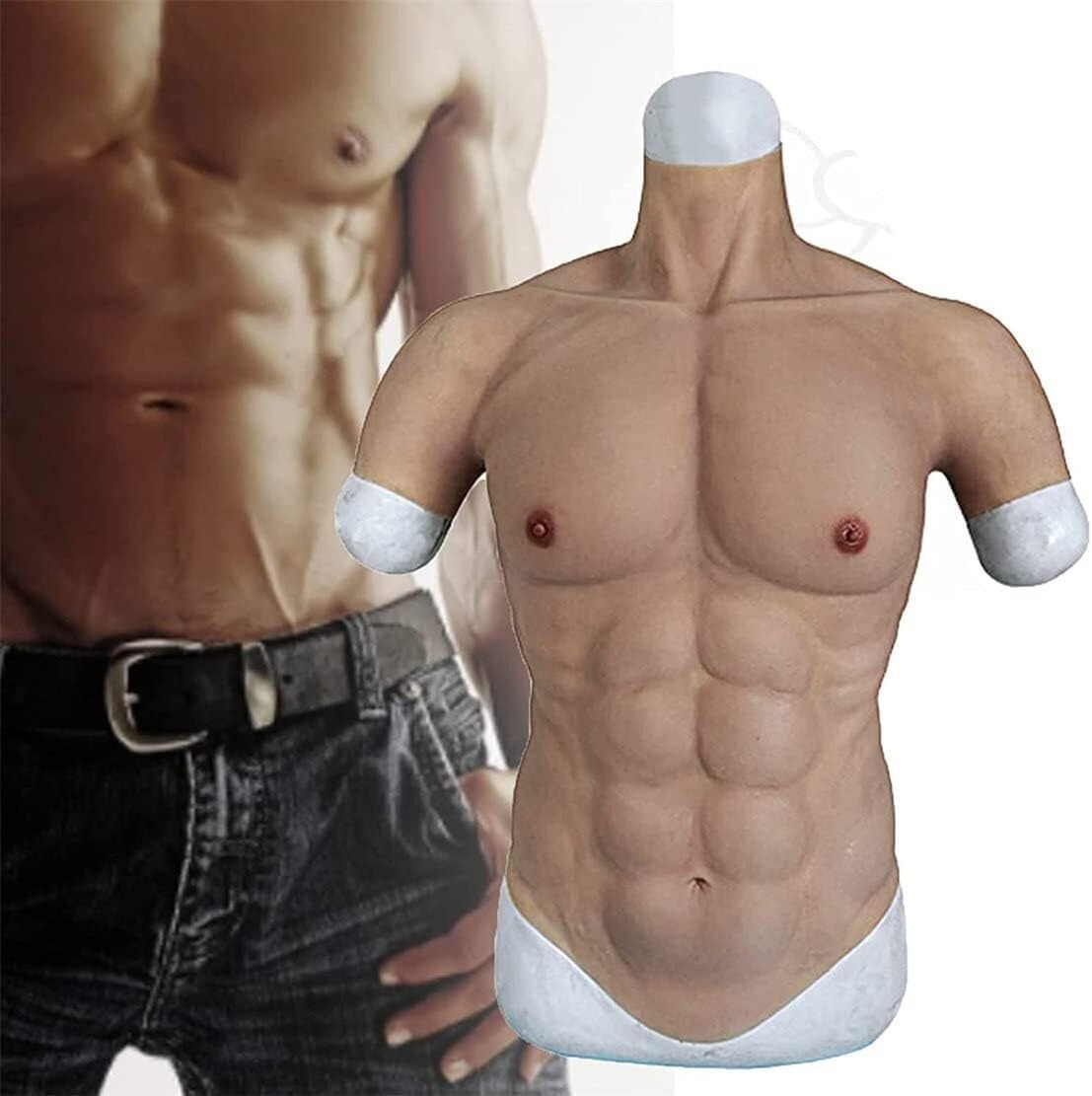 Silicone Muscle Chest Fake Muscle Costume - Lifelike Silicone Male Chest Abdominal Muscle, No Oil Fake Chest Muscle Costume Body Suit Simulation Skin(Dark,Upgrade)