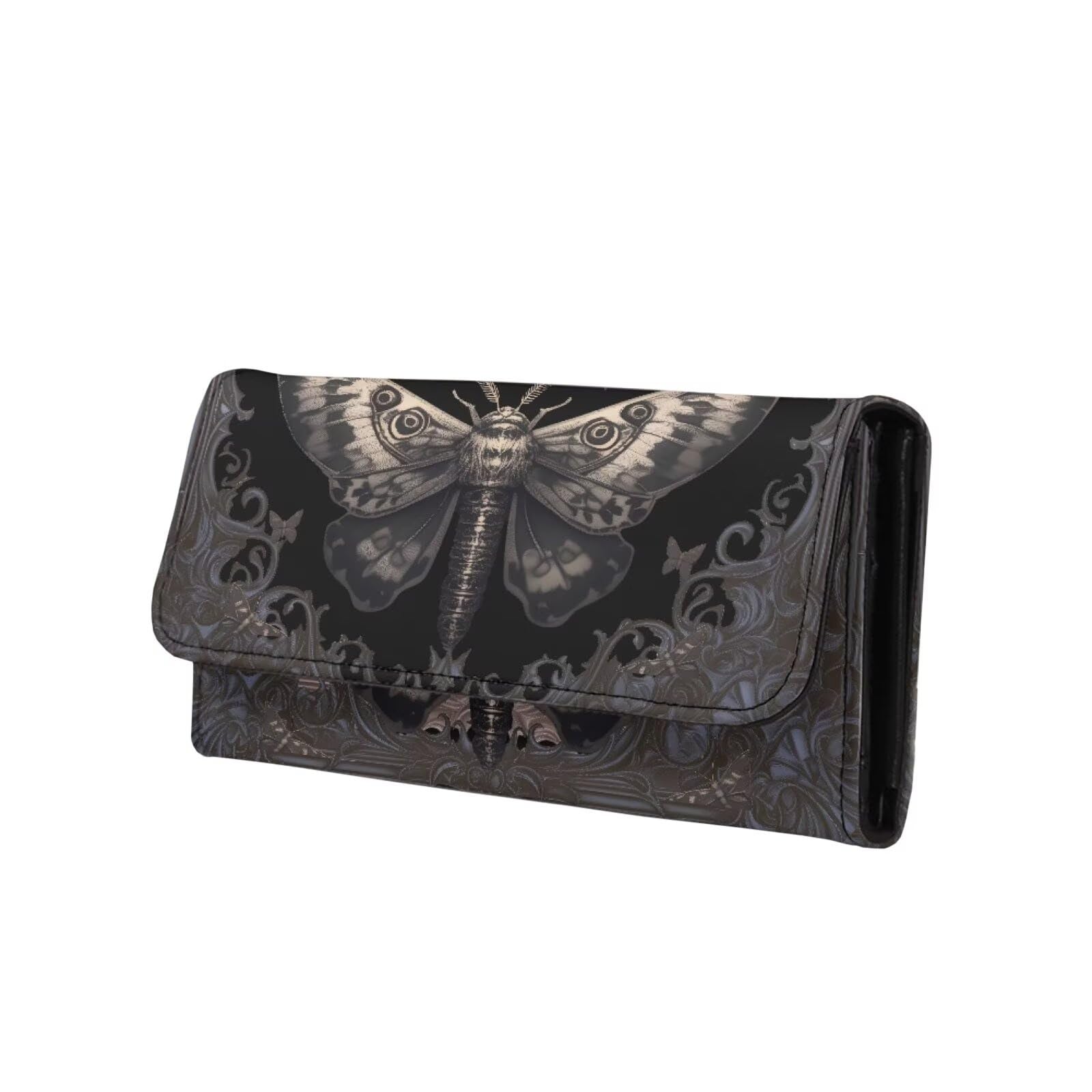 JolamirelGoth Moth Purse Black PU Leather Slim Wallet for Women, Gothic  Floral Long Trifold Clutch Checkbook Wallets with Zipper Pocket, Vintage