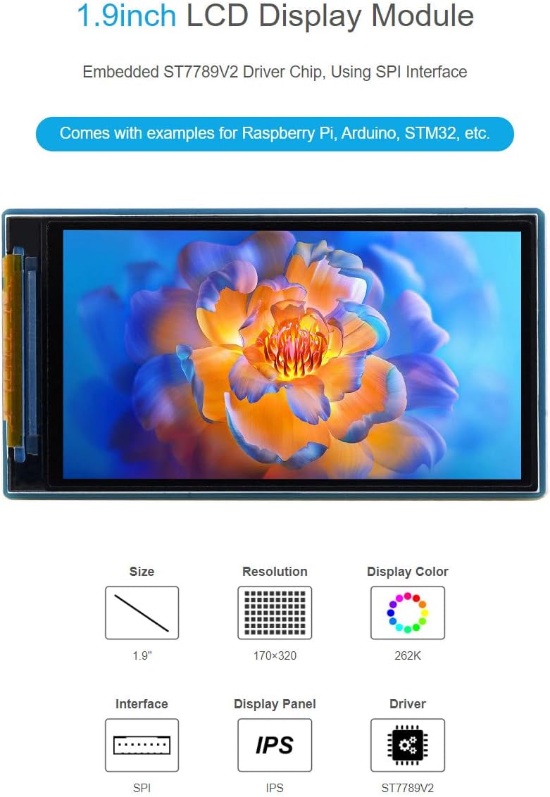 1.9inch LCD Display Module, IPS Screen, Embedded ST7789V2 Driver Chip, Using SPI Interface,170×32,262K Colors