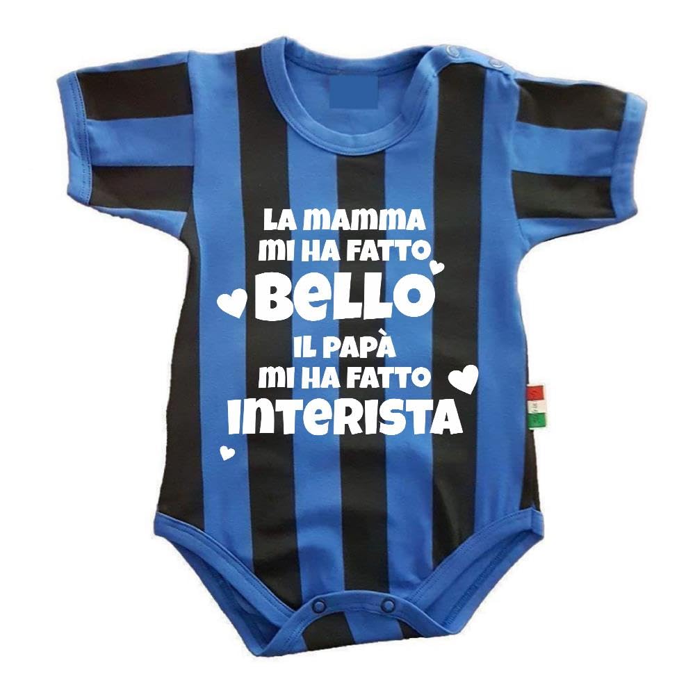 PELUSCIAMO Body Nero Azzurro Mamma Mi Ha Fatto Bello (o bella), Papa' Mi Ha Fatto Interista | Personalizzato Con Nome e Numero PS 32768-010