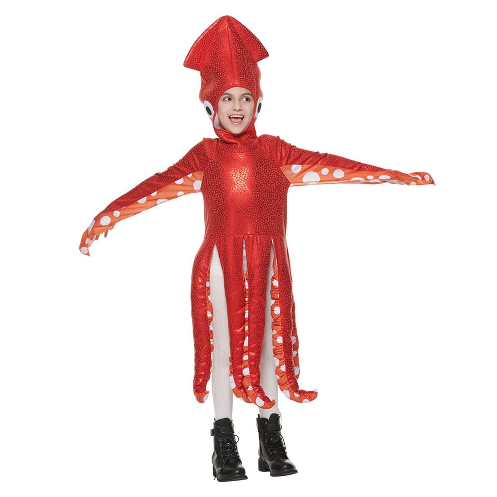 Costume Per unico da calamaro per bambini, divertente tema, feste di carnevale di Halloween, feste e celebrazioni scolastiche, a tema marino, giochi di ruolo,