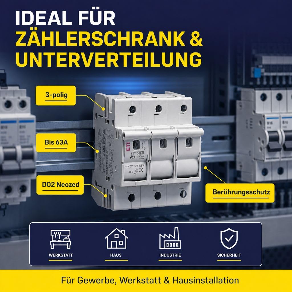 grenda-hammer® | Neozed Lasttrennschalter Set D02-3-polig Set mit Sicherungen und Passhülsen (Lasttrenner Set 3x35 Ampère)