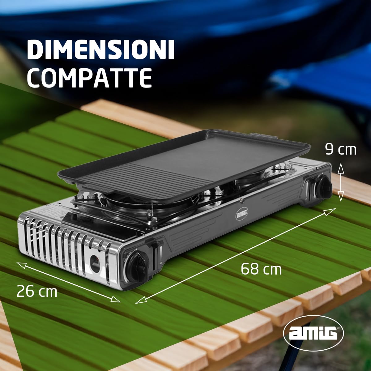 Amig - Fornello da campeggio a gas CAMP02 - Cucina portatile - 2 bruciatori - Include piastra - Griglia in ghisa - Acciaio inox - 2 x 2,2 kW di potenza