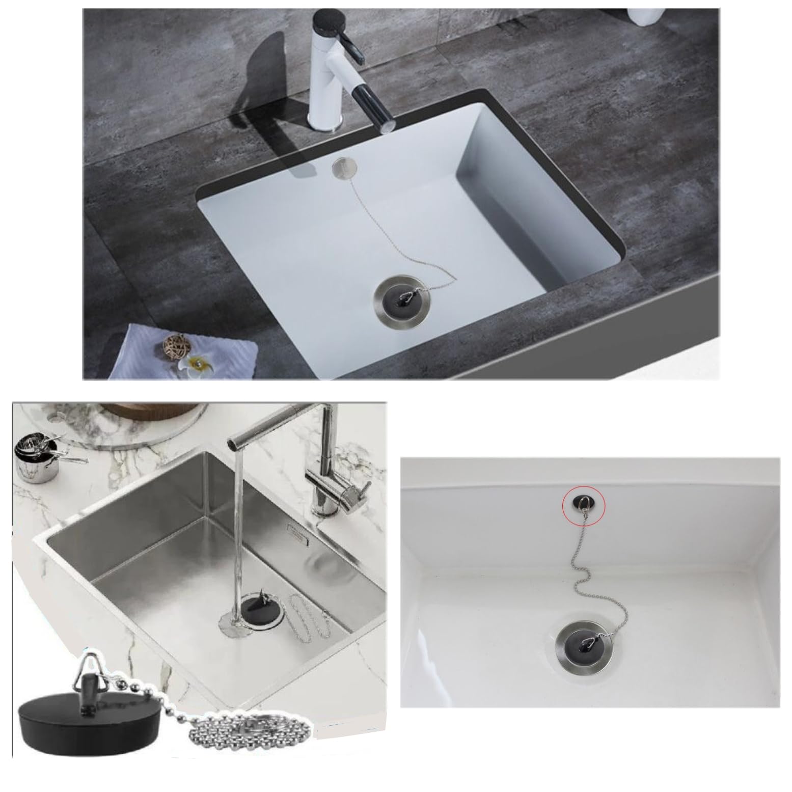 JZK 2 Piezas de Repuesto para tapón de Lavabo de baño de 41 mm, tapón de Drenaje, tapón de Drenaje para baño, Cocina, tapón de baño de Goma con Cadena de 40 cm para bañera, Negro