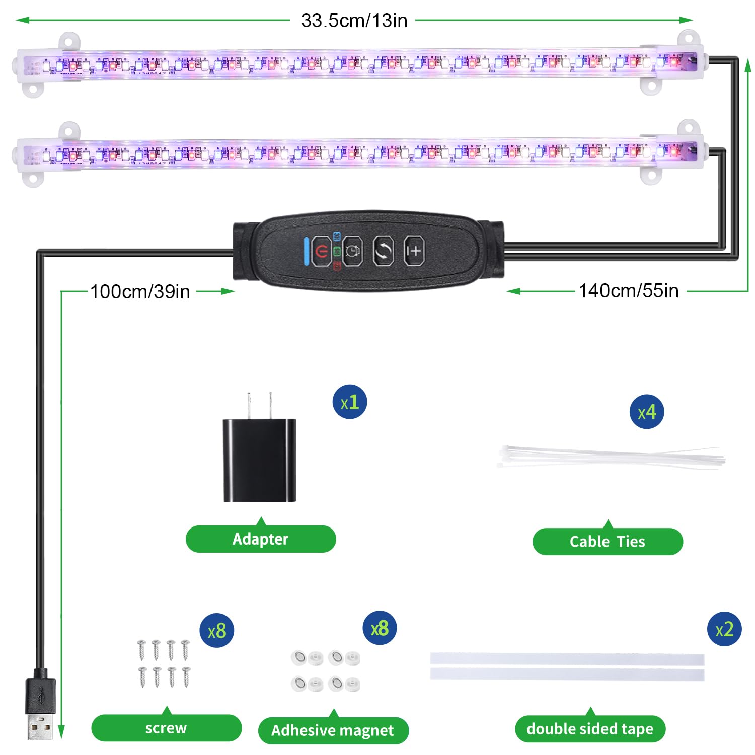 Lámpara de cultivo de dos tiras para plantas de interior, tiras de luz LED de espectro completo rojo, azul y amarillo con temporizador de encendido/apagado automático de 3/9/12 horas, 10 niveles