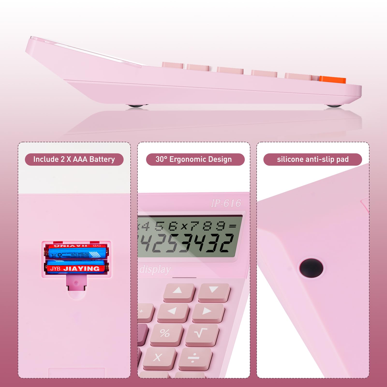 Ipepul - Calcolatrice parlante da tavolo, con display LCD a 2 righe e 12 cifre e pulsante grande, 4 funzioni, per lavoro, ufficio, negozio, scuola (rosa)