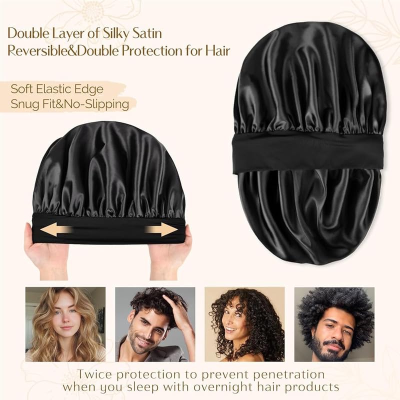 Image of Silk Bonnet for Hair, Adjustable Silk Hair Cap for Sleeping, Satin Bonnet for Curly Hair with Soft Wide Elastic Band, Satin Hair Bonnet For Men and Women(Black)