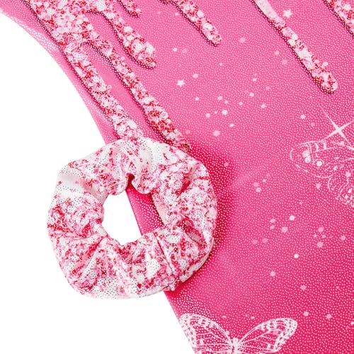 Vogseek Sparkly Gymnastics Leotards for Girls 11 12 Years Cute Hot Pink Shiny Ballet Dance Unitards Biketards with Hair Scrunchie Kids Tumbling Shorts Activewear Clothes, Sparkle Rose Red