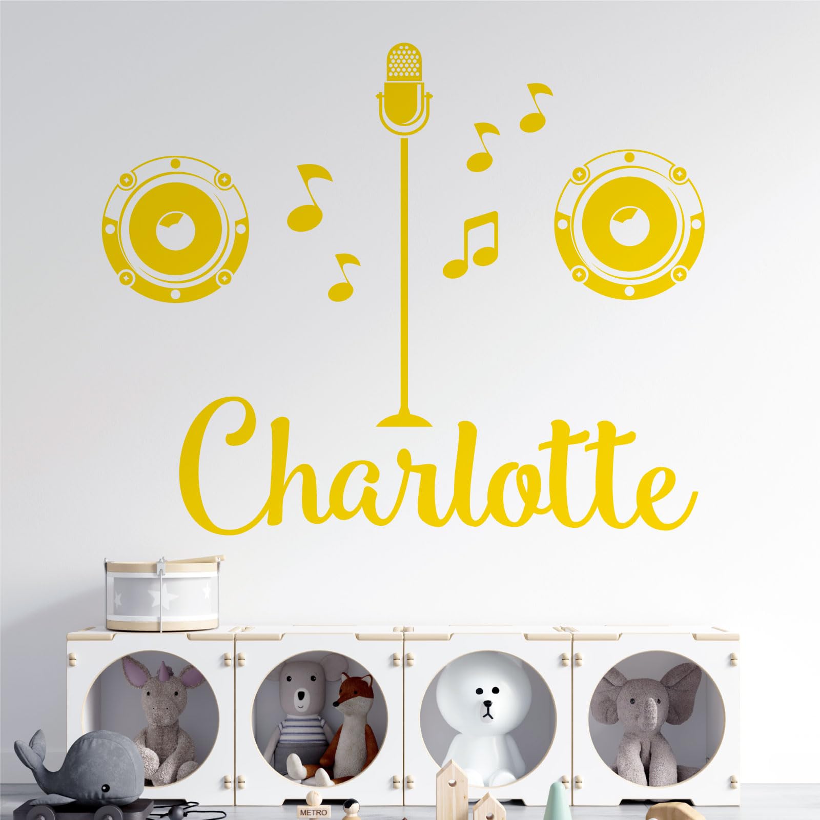 Personalised Name Girls Wall Art Sticker - Popstar, X Factor, Singer, Karaoke, Microphone, Music [Large] [Medium Yellow]