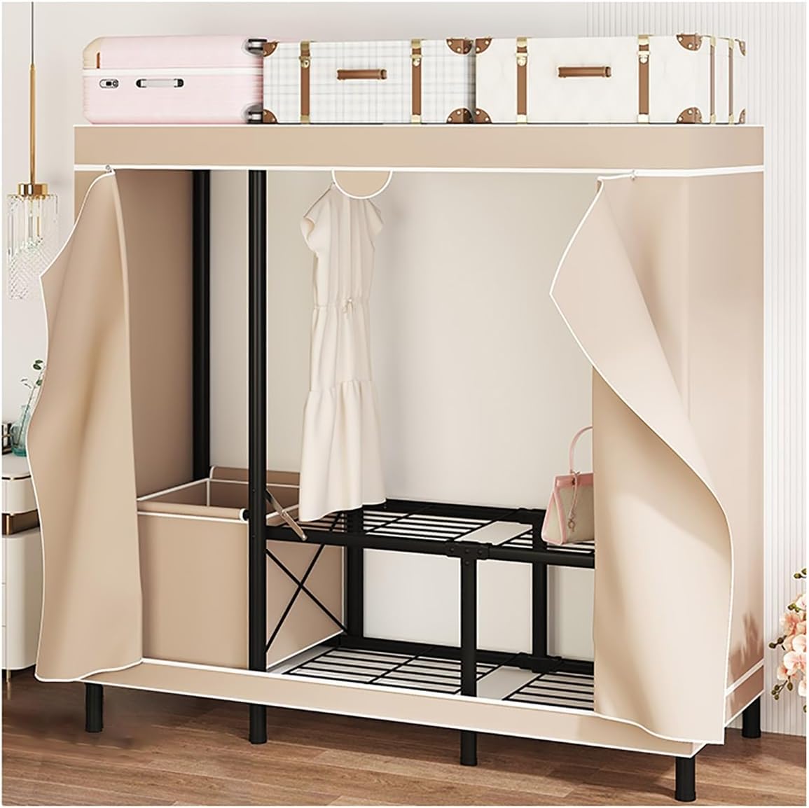 Portable Closet Foldable Wardrobe Closets for Hanging Clothes with 2 Rods and 3 Storage Shelves for Bedroom Easy to Assemble (Color : C, Size : 142x46x169cm)
