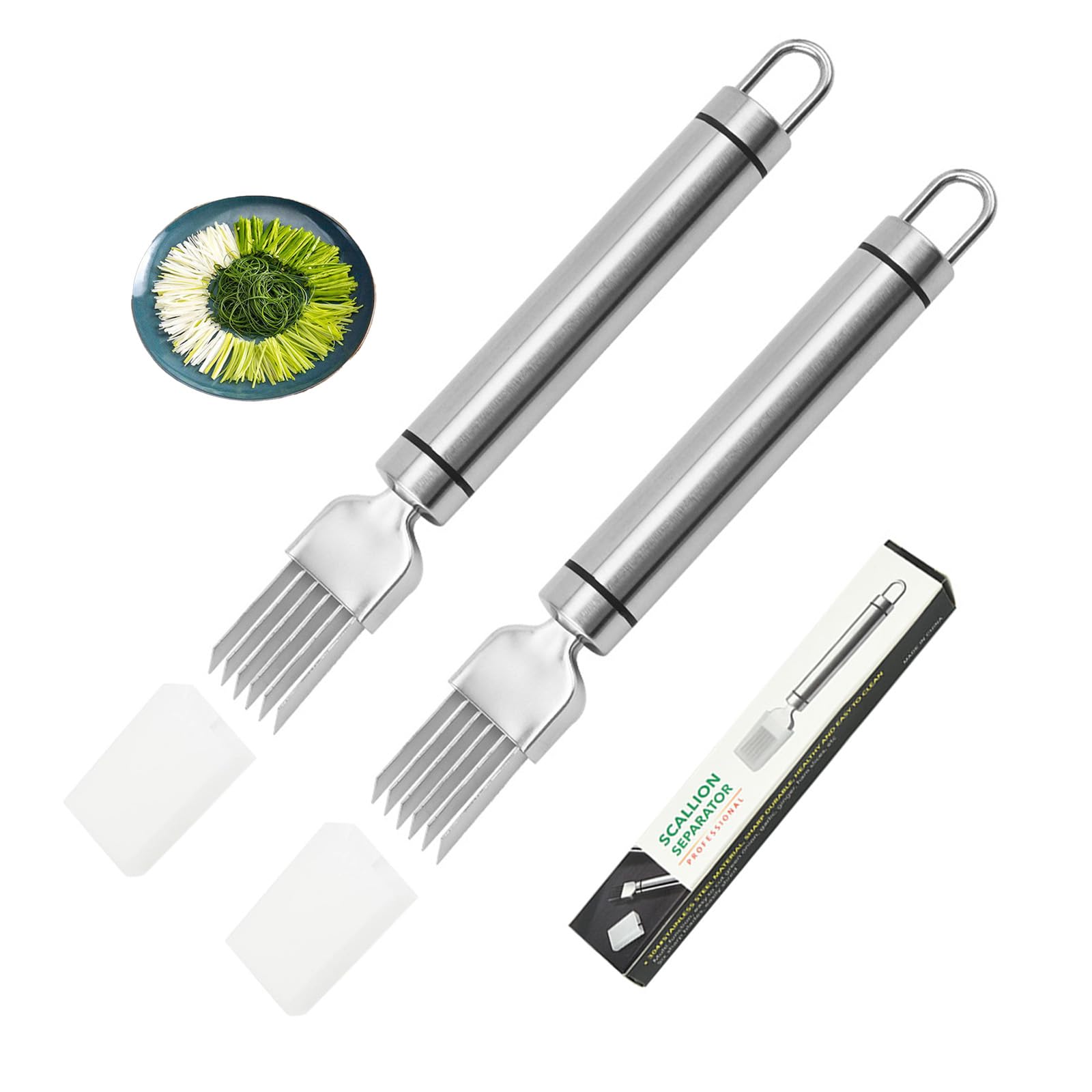 5-Blade Stainless Steel Green Onion Slicer - Dishwasher Safe Herb Cutter with Safety Lock, Multi-Functional for Chives, Garlic, Garnishing - Dishwasher Safe, Ergonomic Handle (2 Pack)