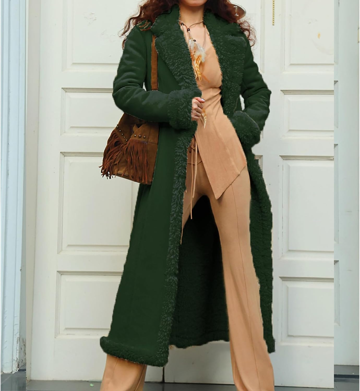 Kubbon Womens Long Trench Coat Suede Leather Shearing Jacket Open Front Sherpa Lined Cardigan Coat Faux Fur Warm Outwear - Image 5