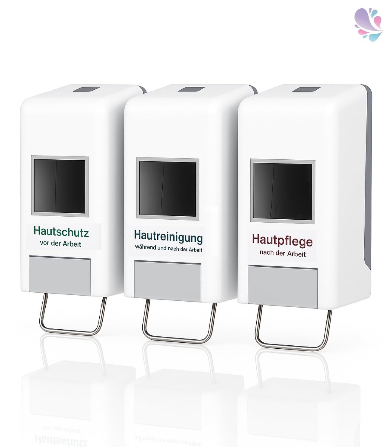 Softflaschenspender Tri 1–2 Liter Weiß-Grau | 3-fach Spendersystem, ideal für Hautschutzpläne, für 1- & 2-Liter-Softflaschen