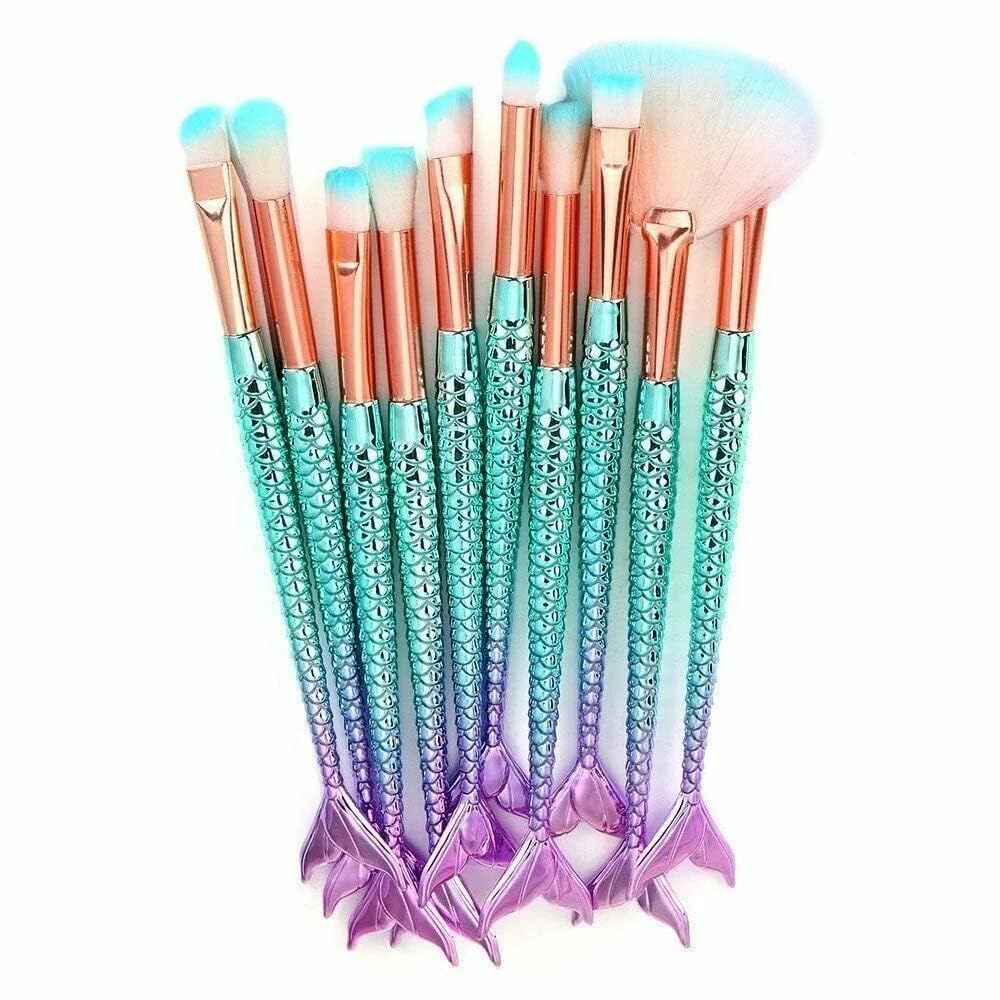 10 PCS Makeup Brushes Set with Colorful Fish Tail Handle, Foundation Eyebrow Eyeliner Blush Cosmetic Concealer Brushes Gift for Girls Kids Women Cute Make Up Tool Set-image-10