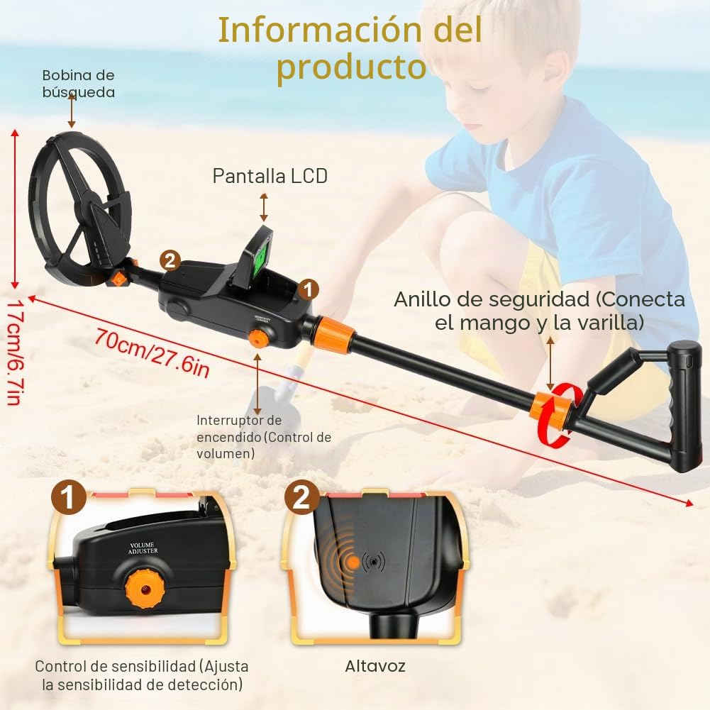Flintronic Detector de Metales Niños, Detector de Metales con Pantalla LCD e Indicación de Sonido, Detect-or de Metal-es de Mano con Bobina de Búsqueda Impermeable, para Búsqueda de Metale, Negro