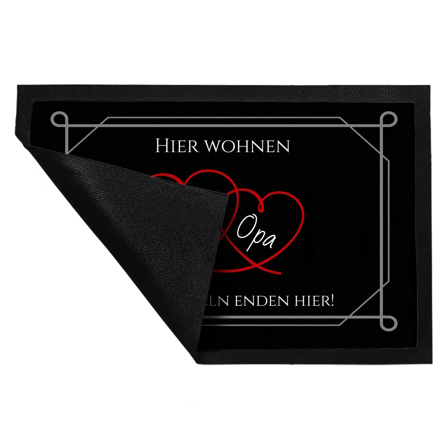 Hier wohnen Opa und Oma Fußmatte XXL in 50x75 cm - Elternregeln Enden Hier mit Herz unsere Großeltern tragen wir im Herzen und Diese Fußmatte XXL in 50x75 cm zeigt auch Warum.