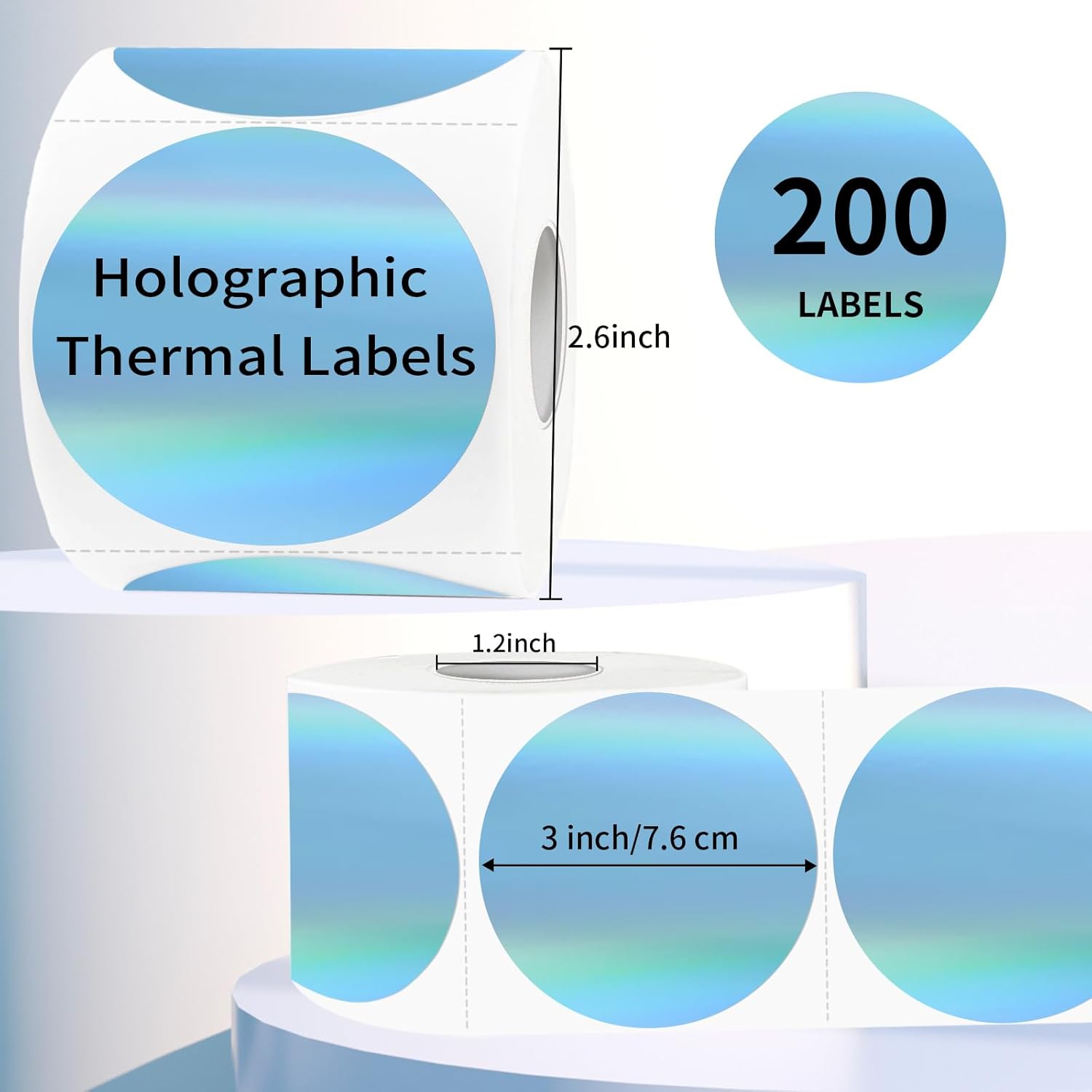 3" Holographic Direct Thermal Label Stickers, Round Printable Rainbow Glitter Thermal Printer Sticker Labels for Gift Wrapping, Self-Adhesive DIY Custom Logo Design- Holographic Blue - Image 2