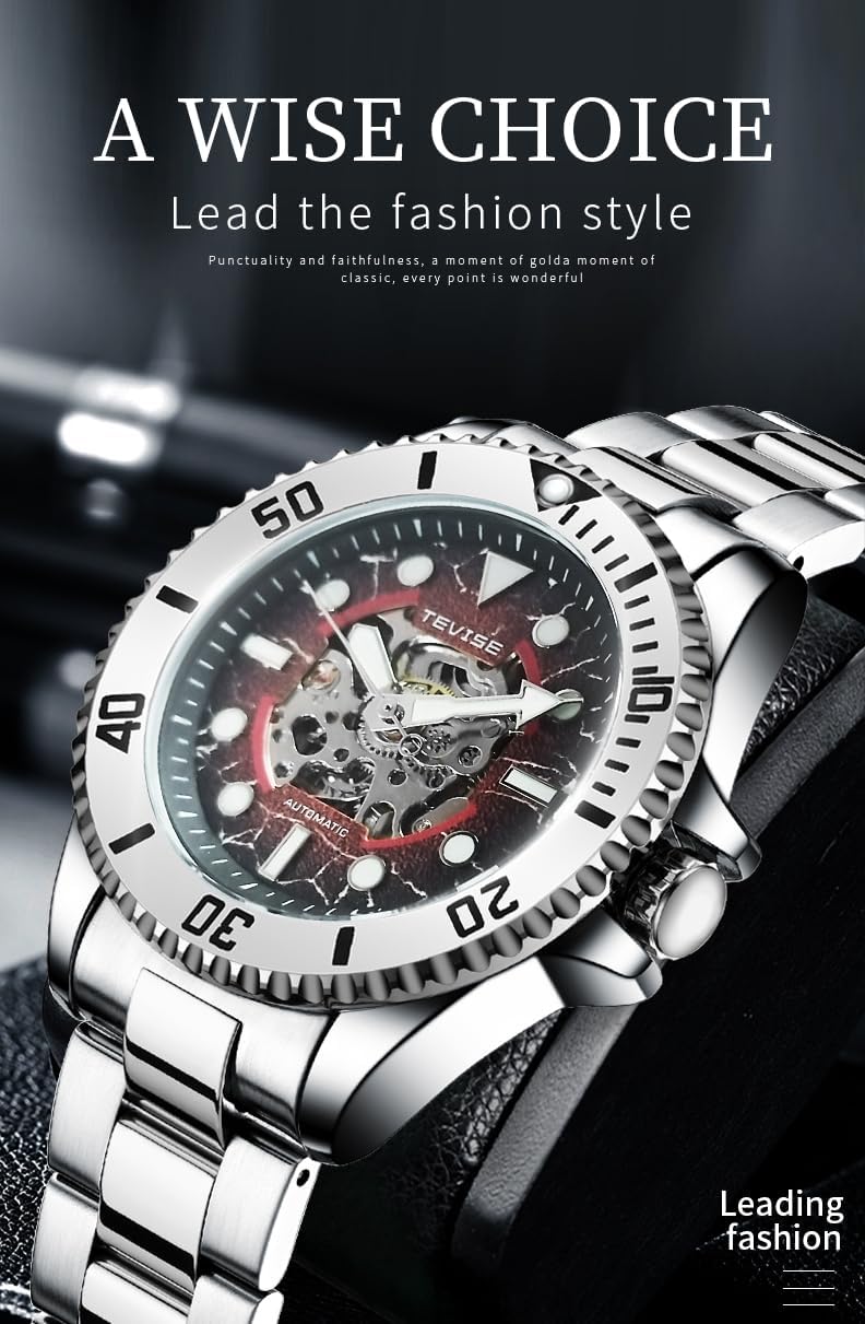 Verhux Skeleton Automatic Mens Watches with Stainless Steel Sliver Band Waterproof Wrist Watches for Mens