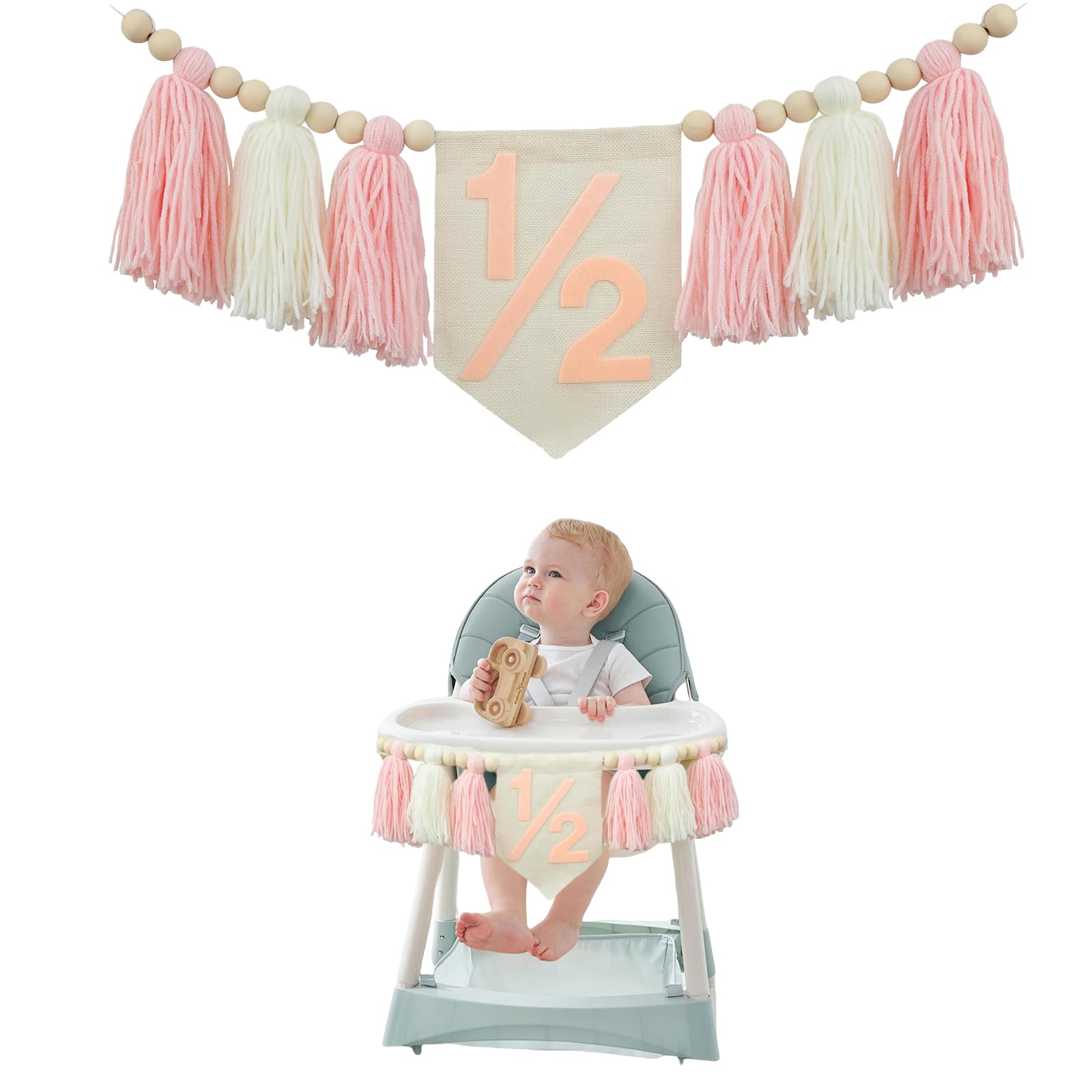 Auroriel Pink Tassel High Chair Banner, 6 Months Baby Girl Decoration, Happy Half Birthday Banner, Half Year Birthday Photoshoot & Party Supplies