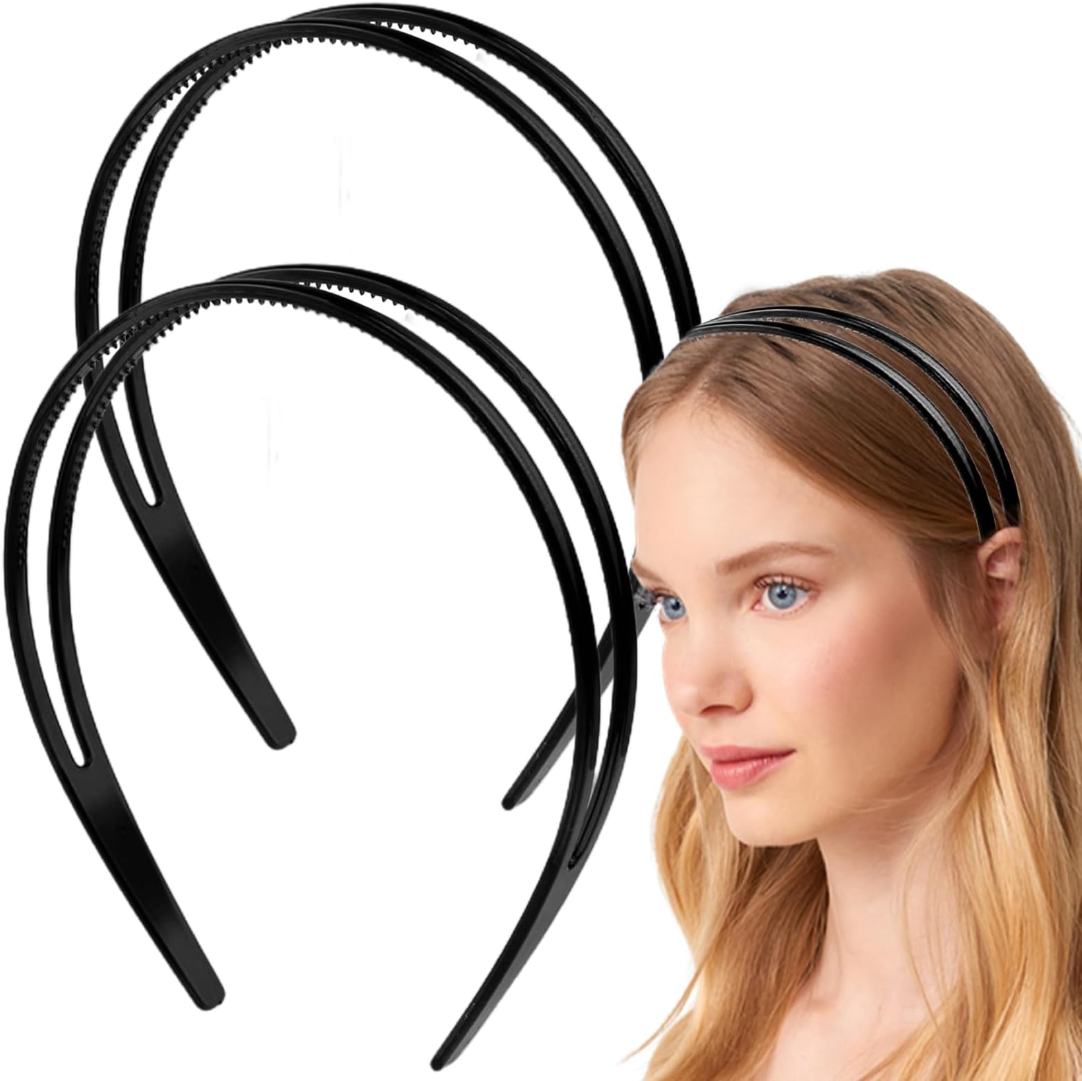 Dazzhues 2 Count Simple and Chic Headbands, Plastic Hair Styling Headband with Non-slip Double Row Teeth Design for Women, Black (1 Pack of 2)