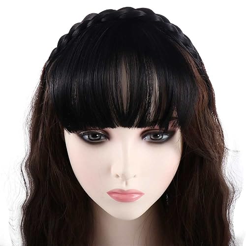 Miniatura 6 de Peluca de cabello frontal con flequillo, extensiones de cabello con flecos, trenzas para mujeres y niñas (negro natural)