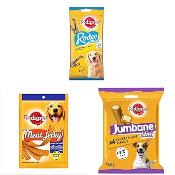 Pedigree Rodeo Duos Treat for Adult Dog, Chicken & Bacon Flavour, 123g & Meat Jerky Treats for Dogs, Barbecued Chicken Flavour, 80g Pouch & Jumbone Mini Treats, Chicken & Lamb Flavour, 4 Treats, 160g
