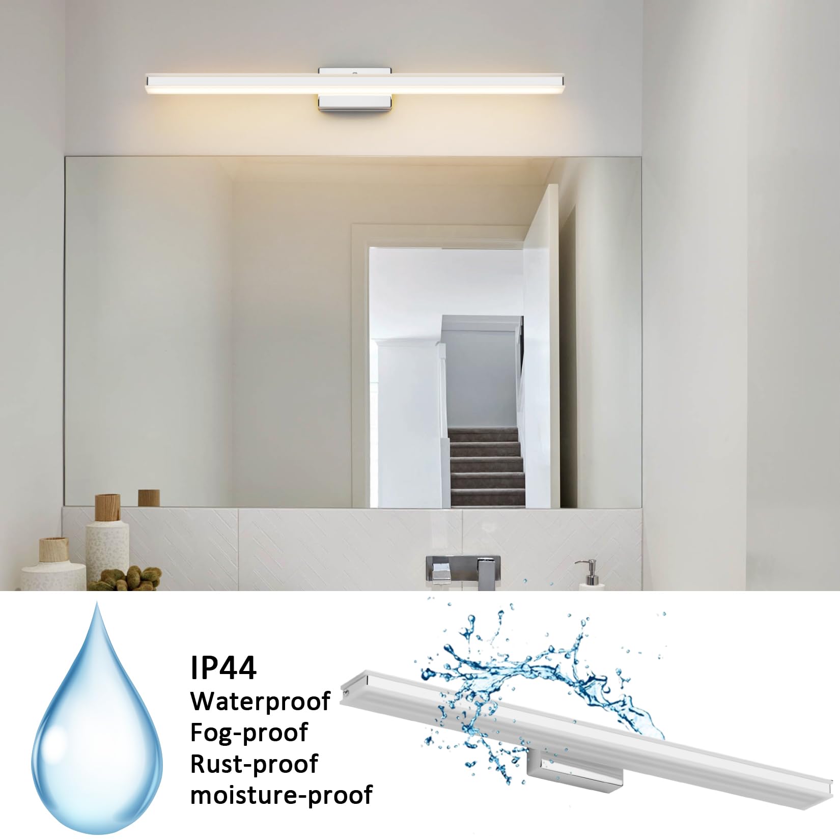 Klighten Luz Espejo Baño LED 60cm 20W, 2000LM Lámparas para el Espejo del Cuarto de Baño, Apliques Espejo de Baño Moderno, 110-240V, 3000K Blanco Cálido, Cromo