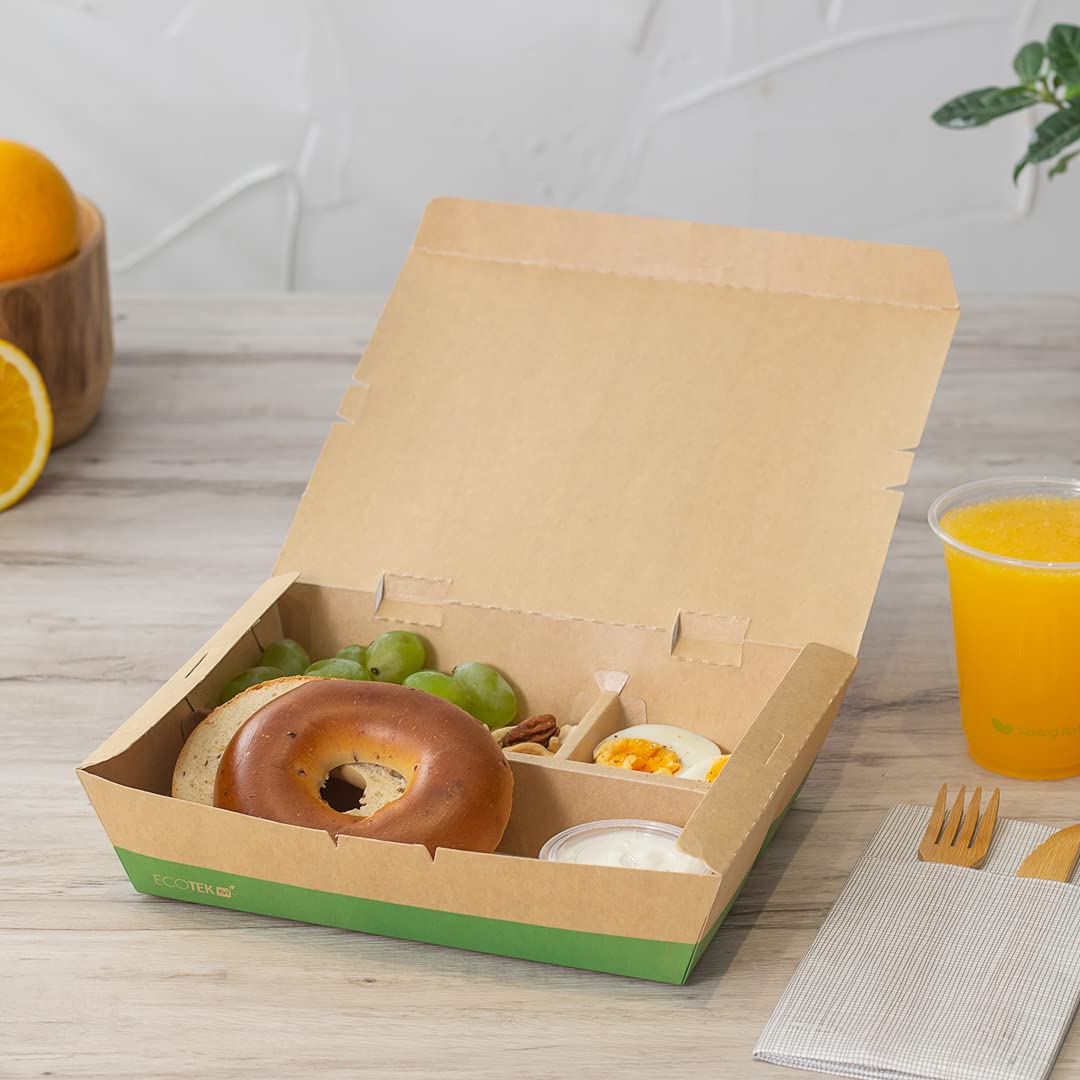 Restaurantware Eco Tek - Cajas para llevar de 50 onzas, 100 cajas Bento compostables, 3 compartimentos, cierre de pestañas, cajas de papel kraft y verde, forro de ácido poliláctico, para restaurantes