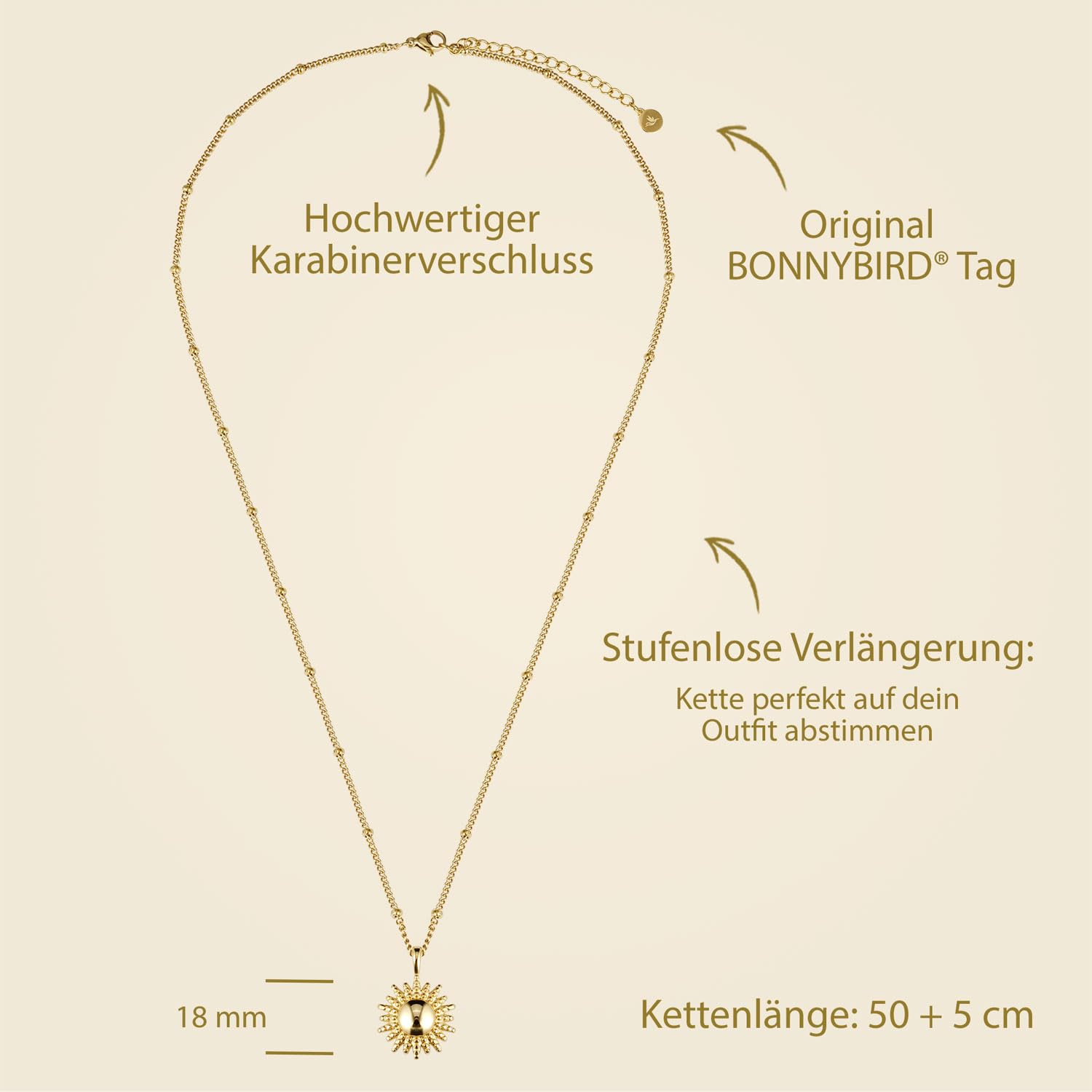 BONNYBIRD® Kette Sonne + Ohrringe Sonne Gold aus wasserfestem Edelstahl Damen BonnySun