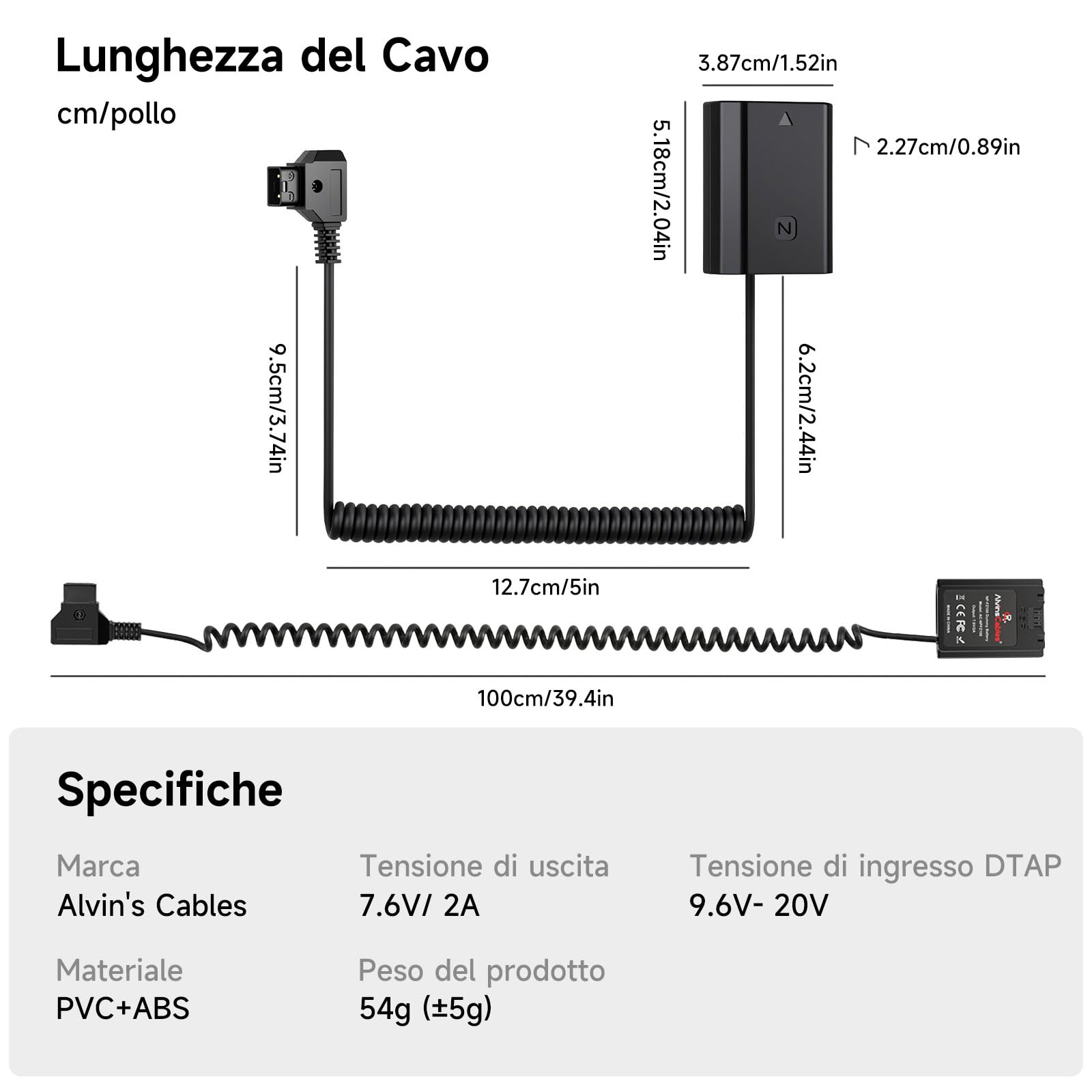 Alvin's Cables NP FZ100 Dummy Batteria a D Tap Cavo di Adattatore di Alimentazione a Spirale Coiled Cable per Sony A7III A7RIII A7SIII A9 ILCE-9 Fotocamera Digitale