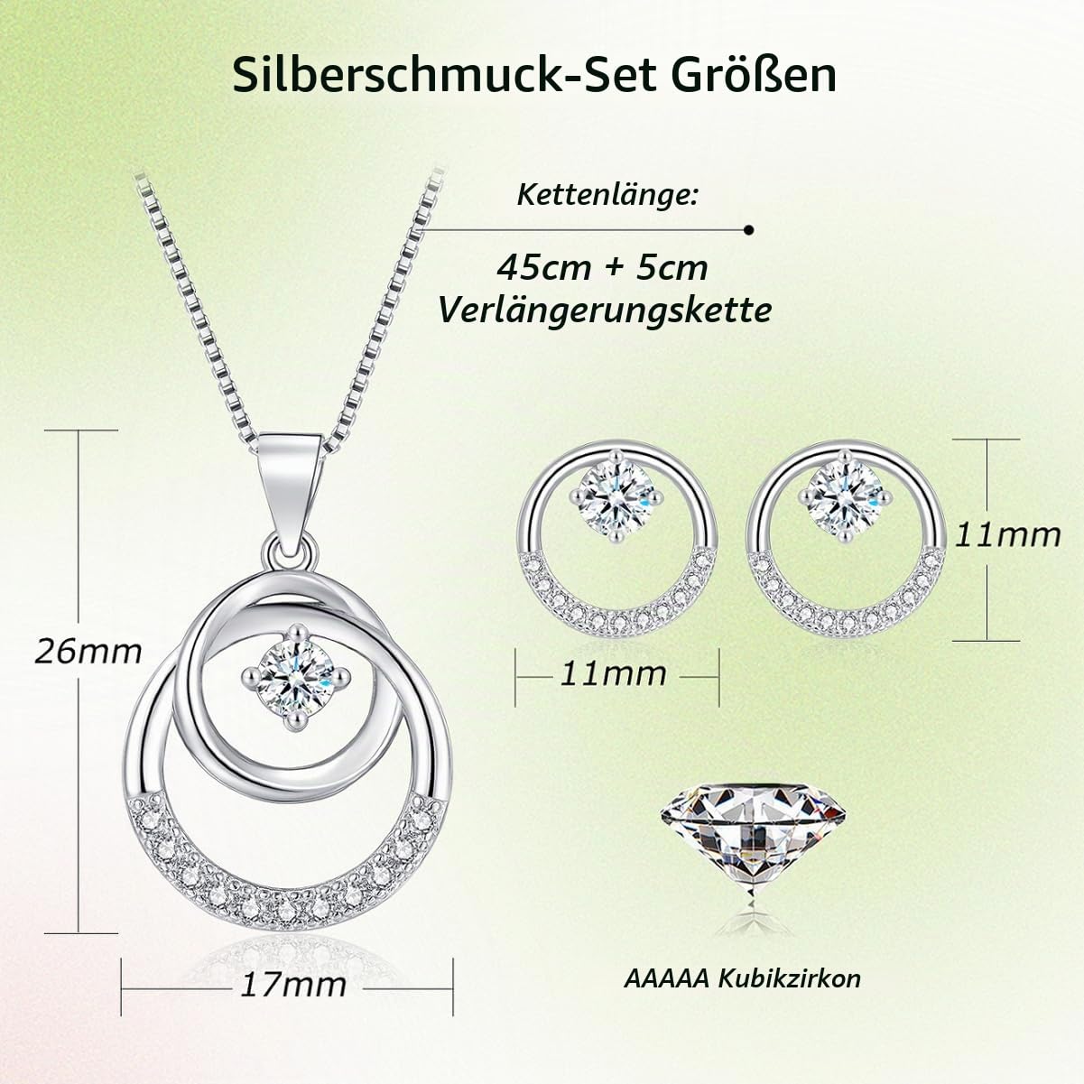 Schmuckset Silber 925 Damen, 925 Sterling Silber Halskette & Ohrstecker Set mit Cubic Zirkonia, 45+5cm Silberkette mit Anhänger, 11mm Silber Damen Ohrstecker, Geburtstag Geschenk für Frauen