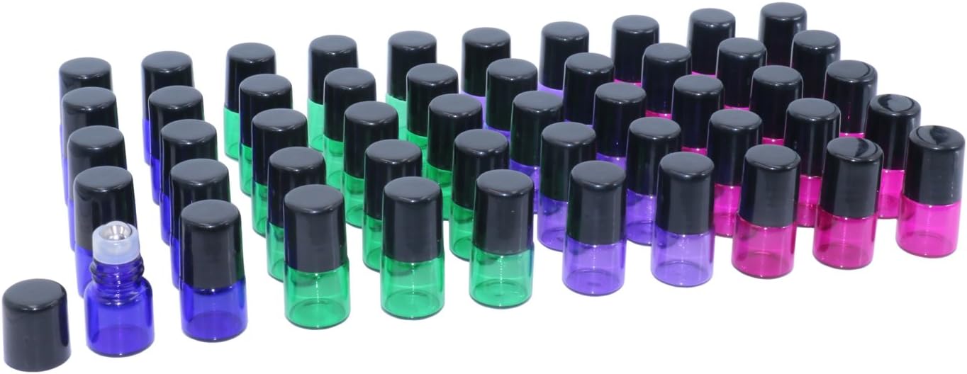 Multicolor Roller Bottles 50 Pcs 1ml Glass Roll on Bottles Essential Oils Bottles Perfume Sample Metal Rollerball Vials Bottles,With Bottle Opener and 2 pcs droppers