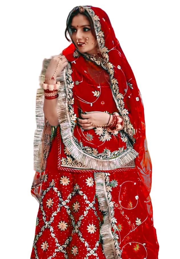 Image of Heavy Embroidery Work Semi Stitched Shimmer Silk Rajputi Poshak For Women Rajasthani Lehenga Choli